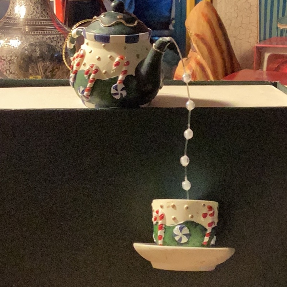 AVAILABLE -Vintage Candie cane teapot & cup ornament.